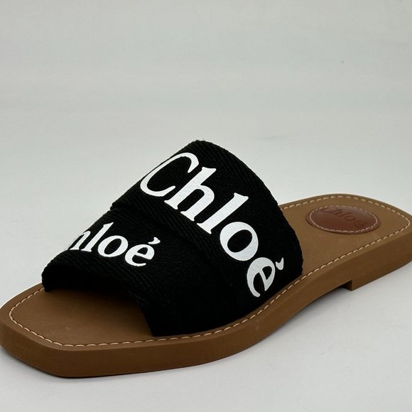 CHLOE Woody Cotton Canvas Linen Ribbon Flat Slide Mule Sandals Shoes